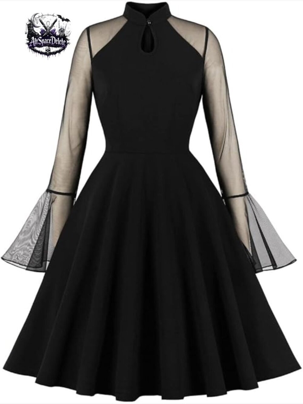 Vintage A-Line Swing Dress Long Sleeve Mesh Mock Neck Knee Length